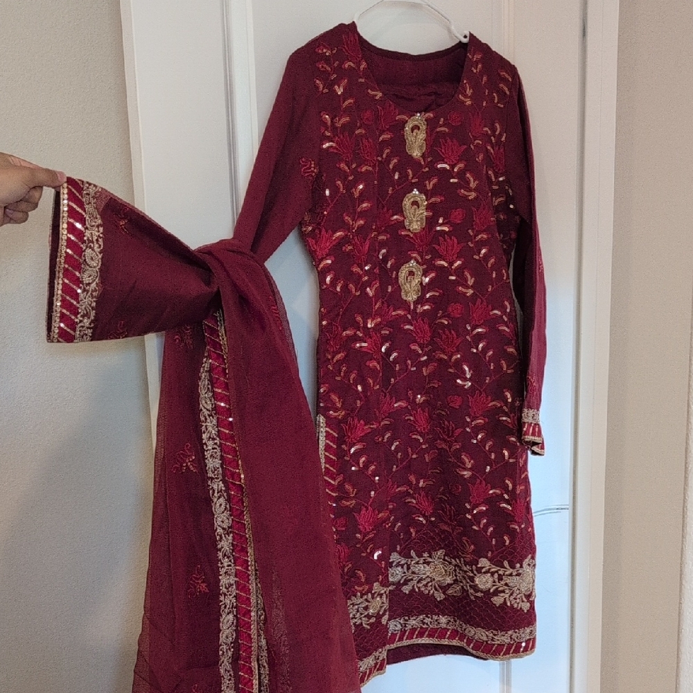 Embroidered Maroon Dress with Dupatta